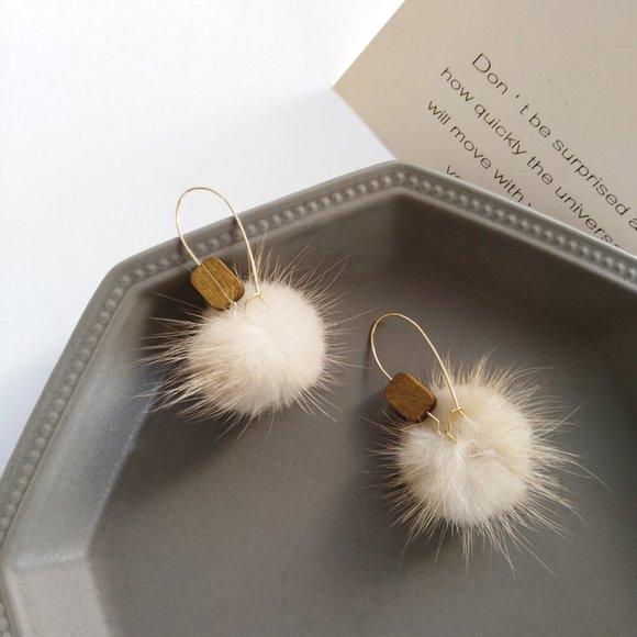 Furry Fur Ball Wood Hook Earrings - Picture 7 of 13